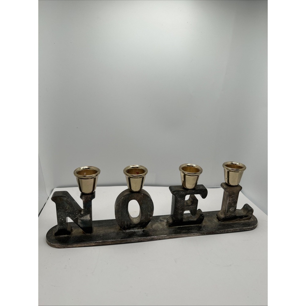 GODINGER Christmas Candle Holder NOEL Holiday Silverplated Vintage Full Patina